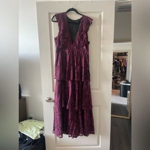 Lulus Burgundy Lace Ruffled Tiered Sleeveless Maxi Dress